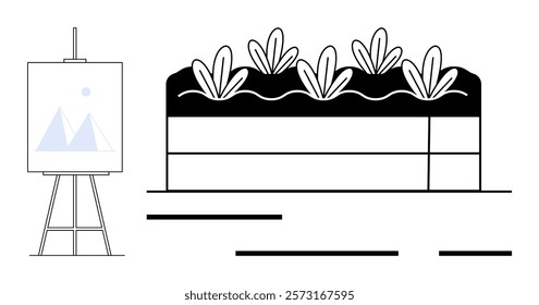 Visual representation illustrating a garden bed with plants and an easel holding a canvas. Ideal for gardening, nature, art, minimalism, educational themes. Simple lines, monochrome colors, modern