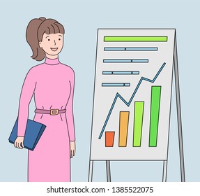 Visual representation of information vector, woman with clipboard and charts, whiteboard with stats on business project, businesslady researching analytics