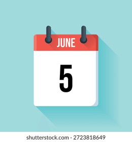 Uma representação visual de cinco de junho é exibida em uma página simples e plana do calendário.