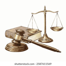 Visual representation of legal justice: the gavel symbolizes legal authority, the book represents the law, and the balance signifies fairness. 