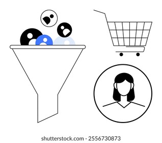 Visual representation of a marketing funnel with user icons. Includes a shopping cart and a profile of a person. Ideal for marketing, customer conversion, e-commerce, business strategies, user