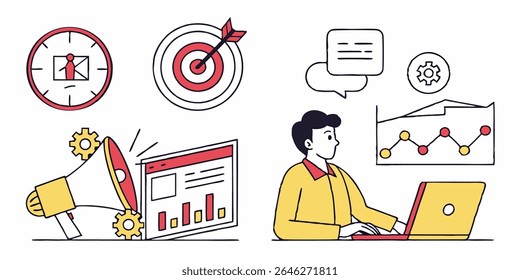 Visual representation of marketing metrics and data analysis for web, social media, and campaign optimization on isolate white background.