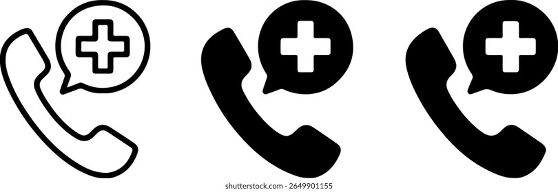 A visual representation of a medical emergency call, showcasing three distinct silhouette styles of a phone with a medical cross in a speech bubble, with one icon glowing red.