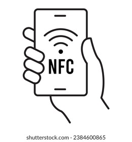 Eine visuelle Darstellung eines Mobiltelefons mit Hand und einem NFC-Symbol auf dem Bildschirm, die mobile NFC-Transaktionen, kontaktlose Technologie und ein NFC-Zahlungssymbol symbolisiert.