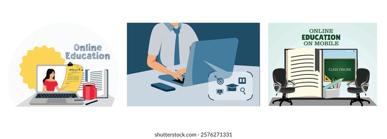 A visual representation of online learning showing a laptop, an open book, and a red coffee cup symbol. Depicts someone typing on a laptop in a professional setting. 