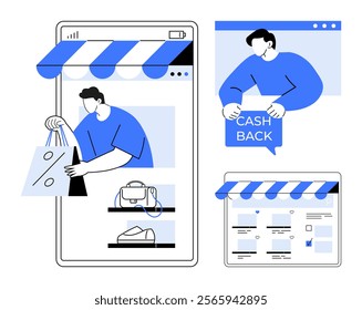 Visual representation of online shopping, showcasing a person making purchases on a smartphone, products displayed on a website, and a customer receiving cashback. Ideal for e-commerce, digital