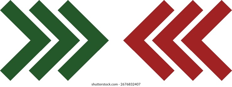 A visual representation of opposing directions using green and red chevron arrows. The arrows symbolize movement, choice, and contrast on a clean white background.