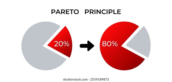 Visual representation of the pareto principle with two pie charts showing 2080 distribution.