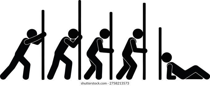 A visual representation of perseverance and eventual surrender, showing stick figures pushing against obstacles with one figure giving up.