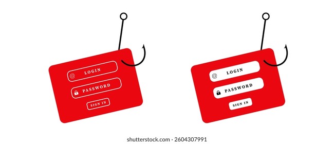 Visual representation of phishing threat featuring login forms hooked on fishing line illustration.