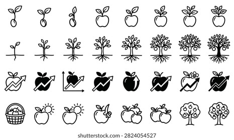 A visual representation of plant growth from seed to sapling and then to a mature apple tree, alongside financial growth charts and apple icons.