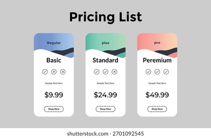 A visual representation of a pricing list, comparing three distinct service tiers: Basic, Standard, and Premium, each with its unique price point and feature set for customer consideration.