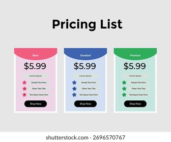 Uma representação visual de uma lista de preços, mostrando três planos distintos: básico, padrão e premium, cada um com seu próprio conjunto de recursos e um preço uniforme.