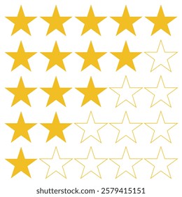 Visual representation of star ratings, showing various levels of satisfaction from full to partial stars. Useful tool for feedback and reviews.