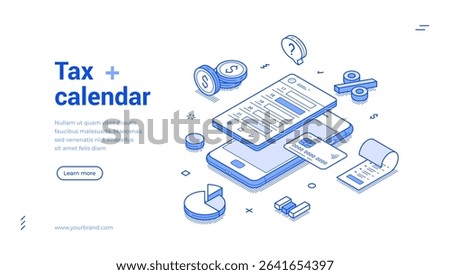 Visual representation of a tax calendar featuring various financial elements like invoices, coins, and graphs designed for efficient organization and planning. Modern isometric line banner template