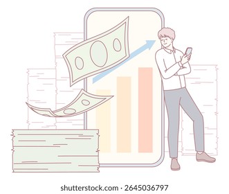 Una representación visual que ilustra el crecimiento financiero logrado mediante la inversión, el dinero y la tecnología