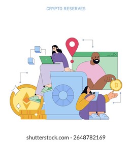 Uma representação visual que ilustra o processo de gerenciamento e armazenamento seguro de reservas de criptomoedas