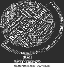 A visual representation of the theme "Back to school" in a word tag cloud in a form of a globe on a black background