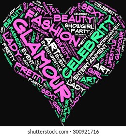 A visual representation of the theme "Glamour" in a word tag cloud in a form of an abstract heart on a black background