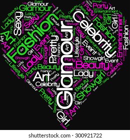 A visual representation of the theme "Glamour" in a word tag cloud in a form of an abstract heart on a black background