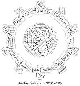 A visual representation of the theme "Labor day" in a word tag cloud in a form of a gear