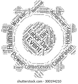 A visual representation of the theme "Labor day" in a word tag cloud in a form of a gear