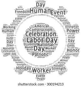 A visual representation of the theme "Labor day" in a word tag cloud in a form of a gear