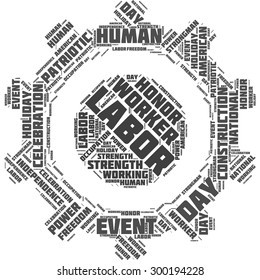 A visual representation of the theme "Labor day" in a word tag cloud in a form of a gear
