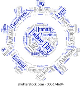 A visual representation of the theme "Labor day" in a word tag cloud in a form of a gear