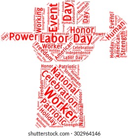 A visual representation of the theme "Labor day" in a word tag cloud in a form of an abstract hand with hammer