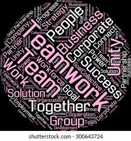A visual representation of the theme "Teamwork" in a word tag cloud