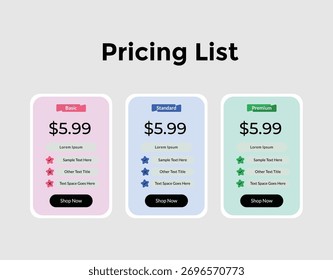 Uma representação visual de três opções distintas de plano de preço, cada uma exibindo claramente um custo de US$ 5,99 e um botão proeminente "Compre agora", sugerindo um processo de compra simples para os usuários.