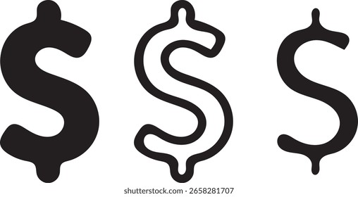 A visual representation of three dollar signs, showcasing variations in fill and outline, against a stark white background.