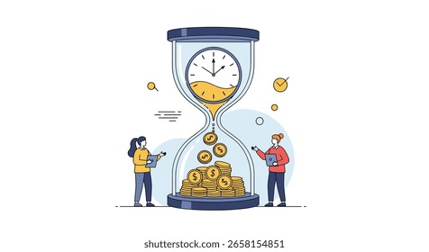 Visual representation of time being converted into money through a sand clock illustration depicting financial growth and investment concepts