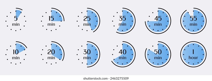 Visual representation of time intervals from 5 minutes to 1 hour. Timer, clock, stopwatch isolated set icons