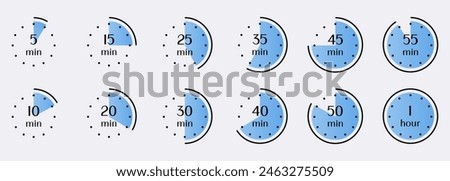 Visual representation of time intervals from 5 minutes to 1 hour. Timer, clock, stopwatch isolated set icons