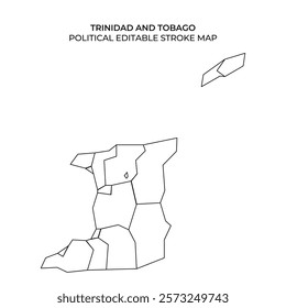 Visual representation of Trinidad and Tobago outlined in a stroke format, depicting different regions and borders for educational or political purposes in a clear, detailed manner.