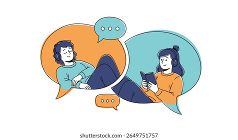 Visual representation of two individuals engaging in digital communication through mobile devices in speech bubbles