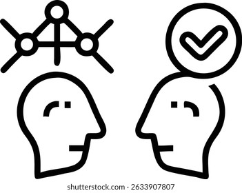 A visual representation of two minds connecting, one with a network of ideas and the other with a symbol of approval, showing collaboration and success.