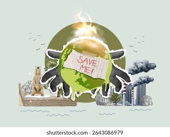 A visual representation urging attention to the climate crisis, featuring a globe with burning elements and wildlife.