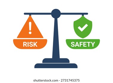 Representación visual de la ponderación del riesgo frente a la seguridad, con una balanza con símbolos de "riesgo" naranja y "seguridad" verde.