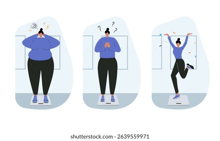 A visual representation of wellness transformation focusing on body positivity, depicting progress in three stages on a weight scale.