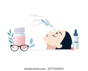 Visual representation of a woman applying eye drops as part of glaucoma treatment, accompanied by medication bottles and glasses, with a minimalist and educational design.