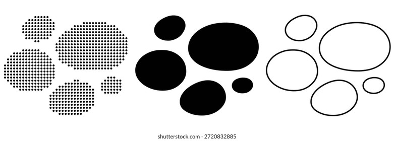 Visual representations of irregular oval shapes in dotted, solid, and outline forms
