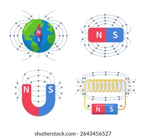Visual representations of magnetism including Earth, bar magnet, horseshoe magnet, and electromagnet with field lines.