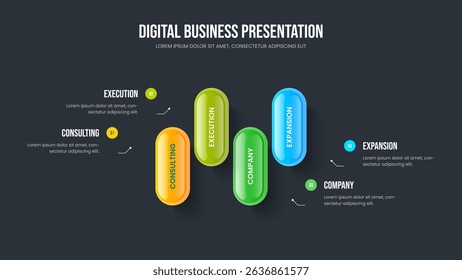 Visual Review Slide Template Vector Illustration. Service Showcase Four Option Diagram Frame Design. Professional Launch 4 Step Infographic Presentation Layout.