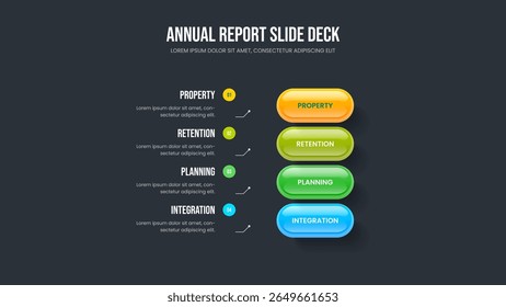 Visual Review Slideshow Design Vector Illustration. Corporate Innovation 4 Option Diagram Slide Template. Marketing Solution Four Element Infographic Frame Layout.