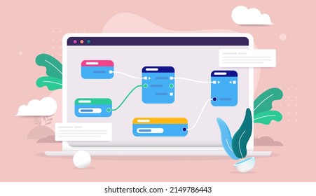 Visual Scripting - Computer mit knotenbasierter Programmierung und Programmierung auf dem Bildschirm. Vektorgrafik