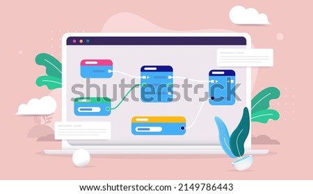 Visual scripting - Computer with node based programming and coding on screen. Vector illustration