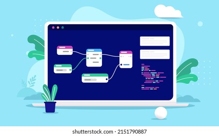 Scripting visual - Equipo portátil con editor de codificación basado en nodos en pantalla. Ilustración del vector con fondo azul